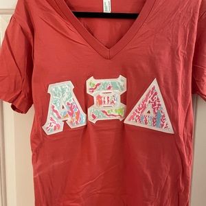 CUSTOM Alpha Xi Delta Stitched Letter Lily Pulitzer Print Coral AA V-Neck